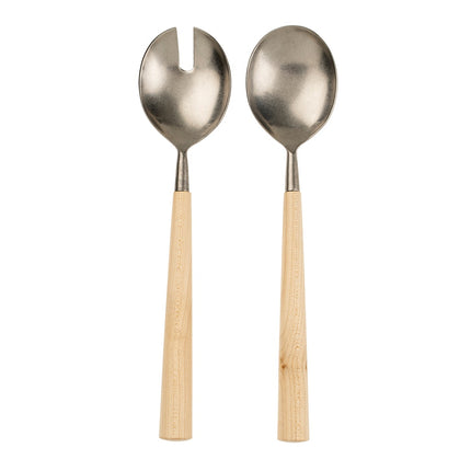 Maple Wood Salad Servers S/2, Tumbled Stainless