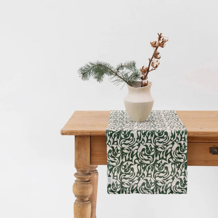 Linen Hemmed Table Runner, Evergreen Damask on Light