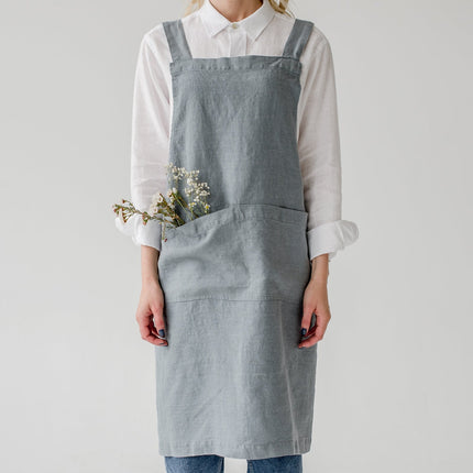 Linen Crossback Apron, Blue Fog