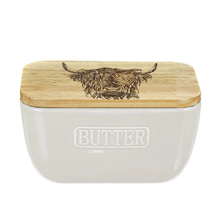 Ceramic and Oak Butter Dish, Ivory