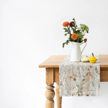 Linen Hemmed Table Runner, Leaves on Natural