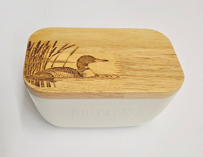 Ceramic and Oak Butter Dish, Ivory