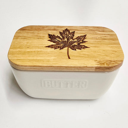 Ceramic and Oak Butter Dish, Ivory