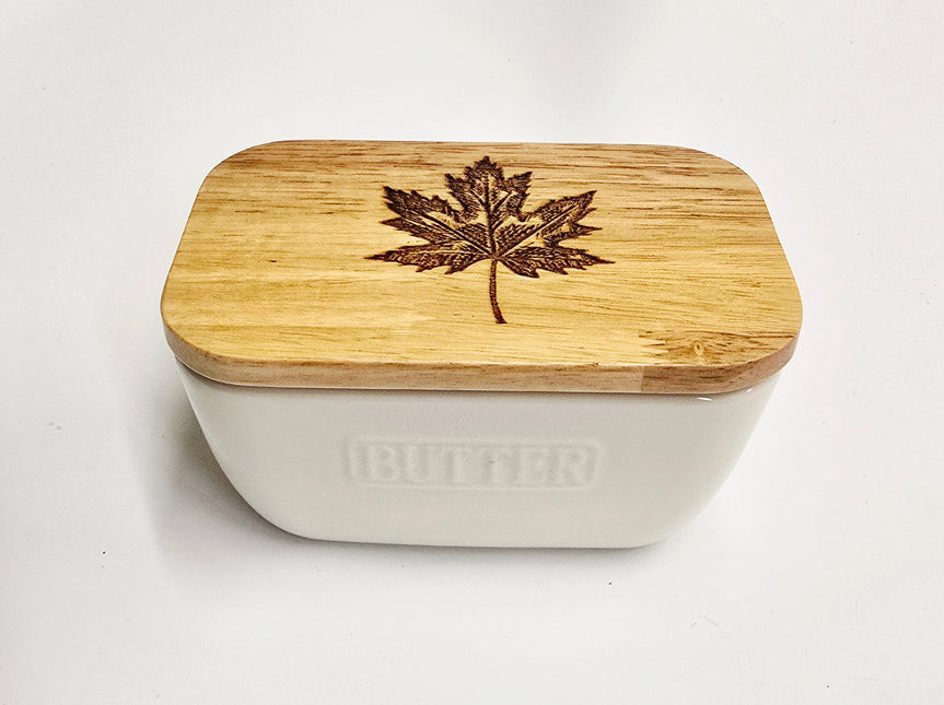 Ceramic and Oak Butter Dish, Ivory