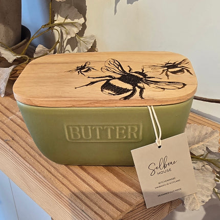 Ceramic and Oak Butter Dish, Sage Green