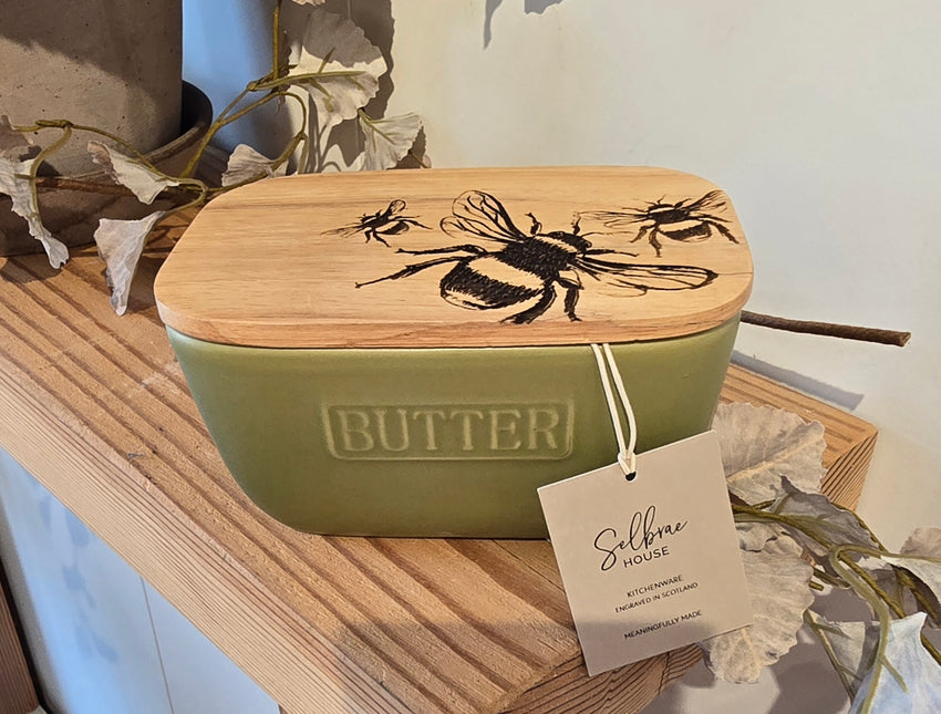 Ceramic and Oak Butter Dish, Sage Green
