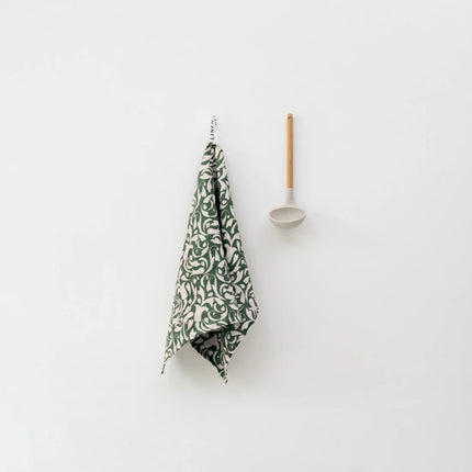 100% Linen Tea Towel, Evergreen Damask on Natural