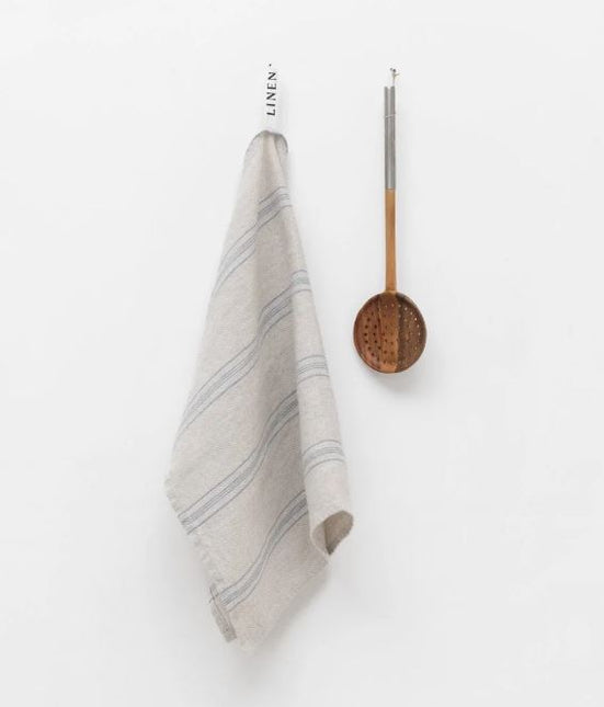 100% Linen Tea Towel, Grey Blue Wide Stripe