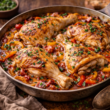 Chicken gently stewed with red peppers and tomatoes in this traditional dish showcasing the French influence found throughout the Basque region.