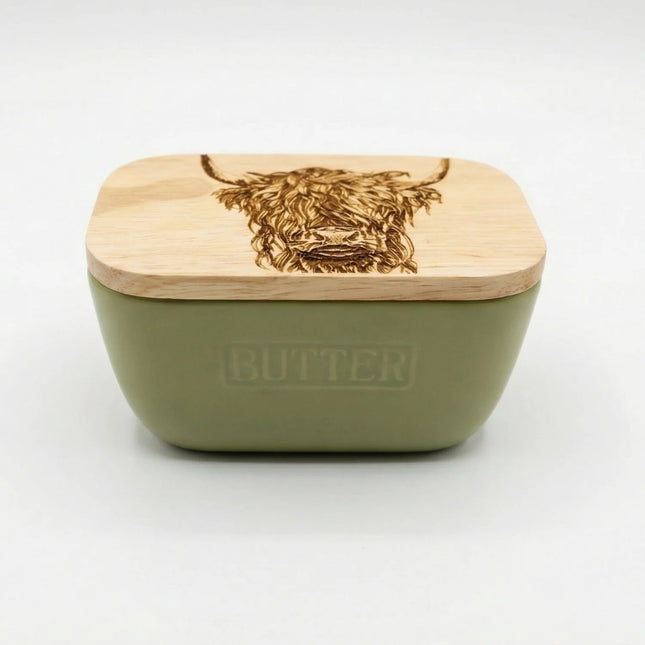 Ceramic and Oak Butter Dish, Sage Green