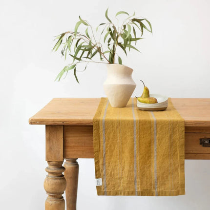 Linen Hemmed Table Runner, Amber Bronze Striped