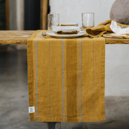 Linen Hemmed Table Runner, Amber Bronze Striped
