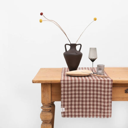 Linen Hemmed Table Runner, Chocolate Gingham