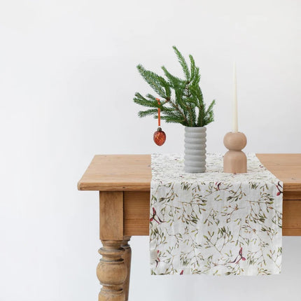 Linen Hemmed Table Runner, Mistletoe on Light