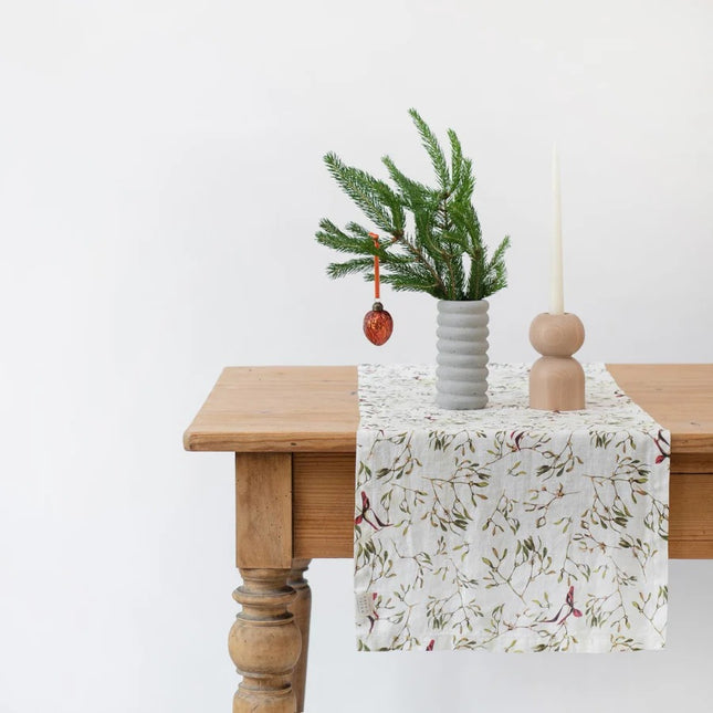Linen Hemmed Table Runner, Mistletoe on Light
