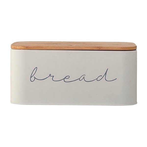 Grey Metal Bread Box with Bamboo Lid
