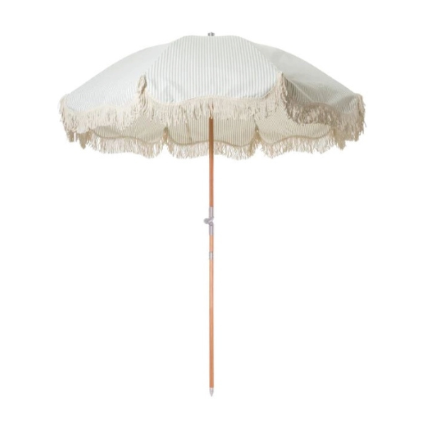 BUSINESS & PLEASURE Premium Beach Umbrella, Lauren's Sage Stripe