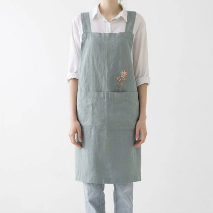 Linen Crossback Apron, Green Mileau