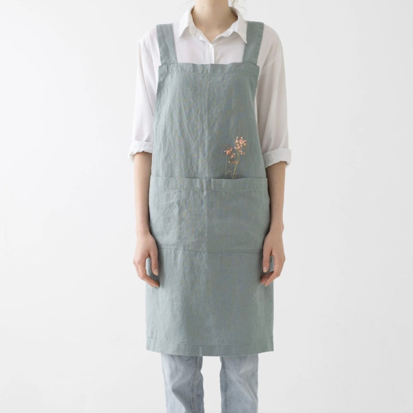 Linen Crossback Apron, Green Mileau