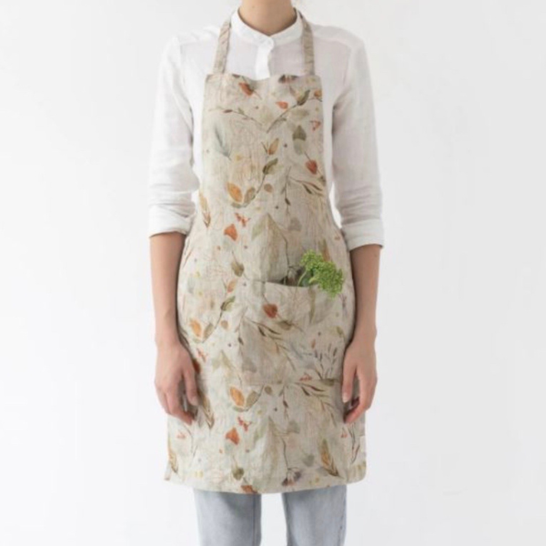 Linen Daily Apron, Leaves on Natural