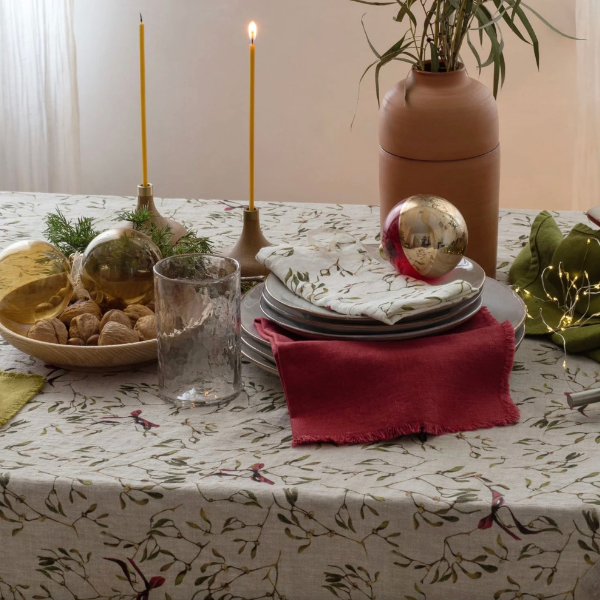 Linen Hemmed Tablecloth, Mistletoe on Natural