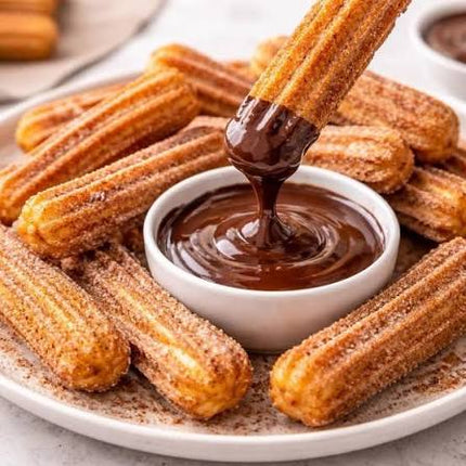 Crisp Spanish churros served with a rich, warming chocolate sauce.