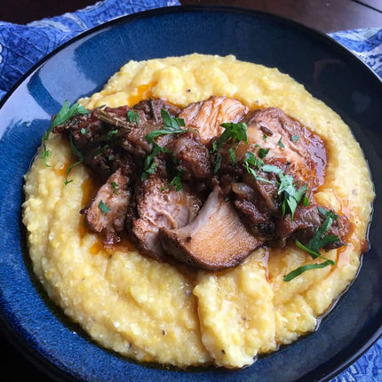 Braised Pork Belly with Creamy Roasted Garlic Polenta