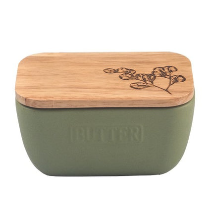 Ceramic and Oak Butter Dish, Sage Green
