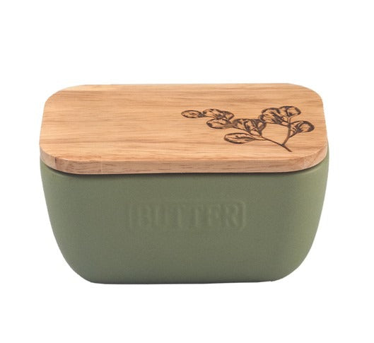 Ceramic and Oak Butter Dish, Sage Green