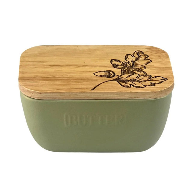 Ceramic and Oak Butter Dish, Sage Green