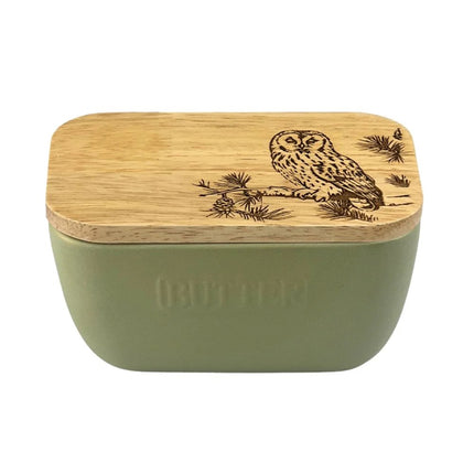 Ceramic and Oak Butter Dish, Sage Green