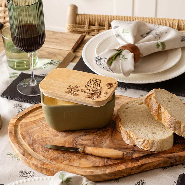 Ceramic and Oak Butter Dish, Sage Green