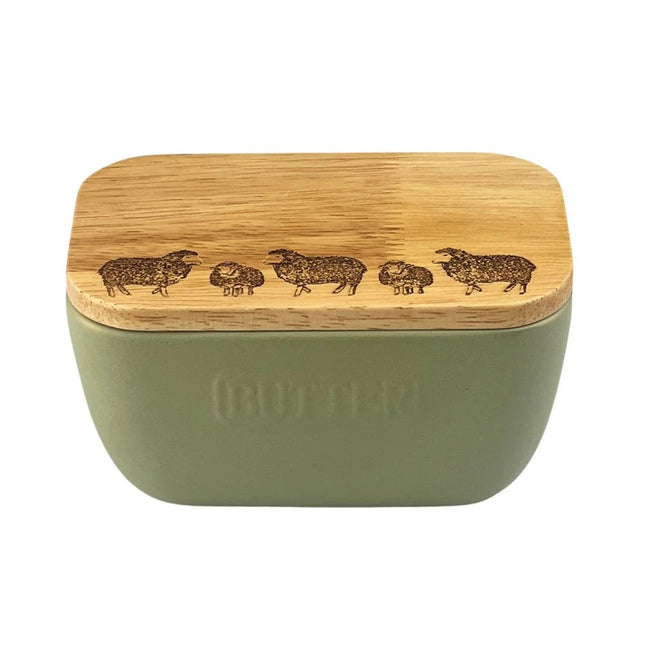 Ceramic and Oak Butter Dish, Sage Green