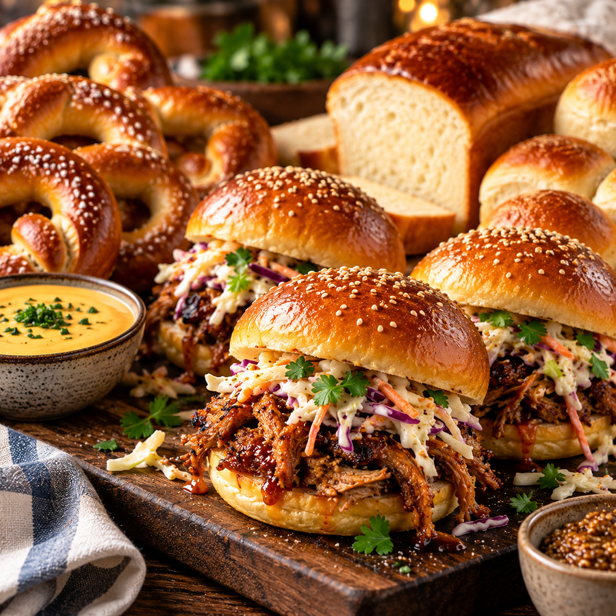 Pulled pork sliders on homemade potato dough buns with pretzels and fresh bread