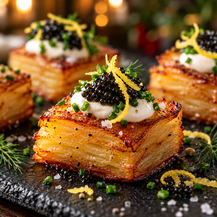 Crispy layered potatoes with sour cream and caviar