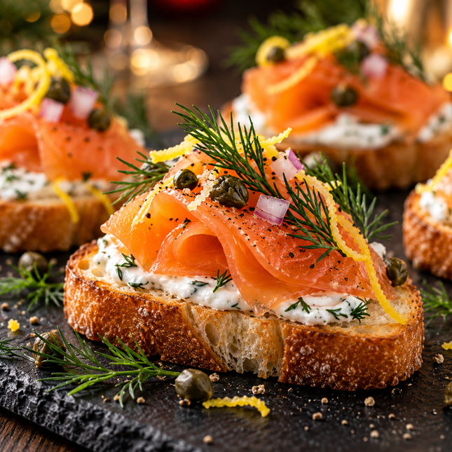 House-cured salmon crostini with herbed cream and dill
