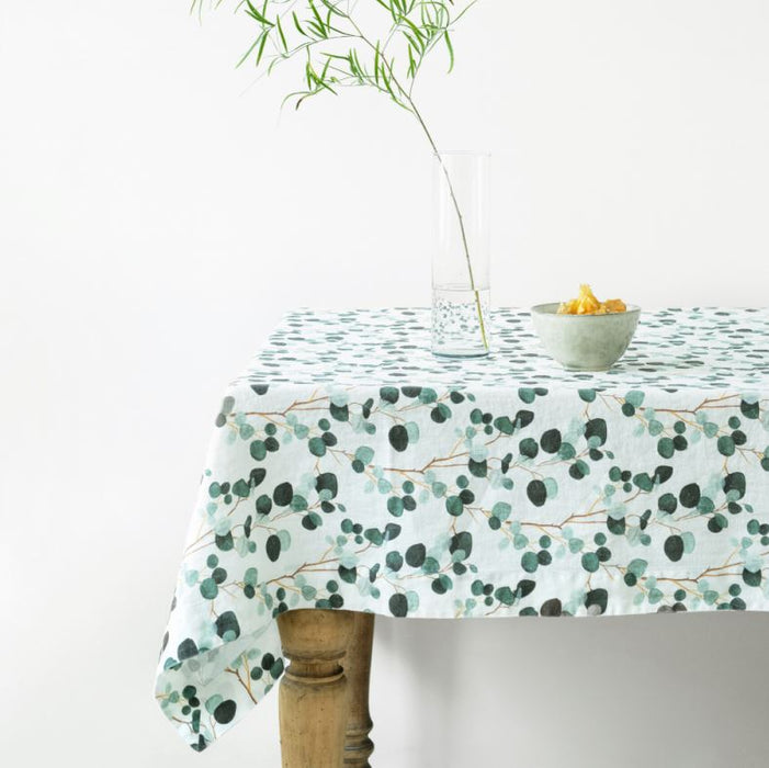Linen Hemmed Tablecloth, White Eucalyptus